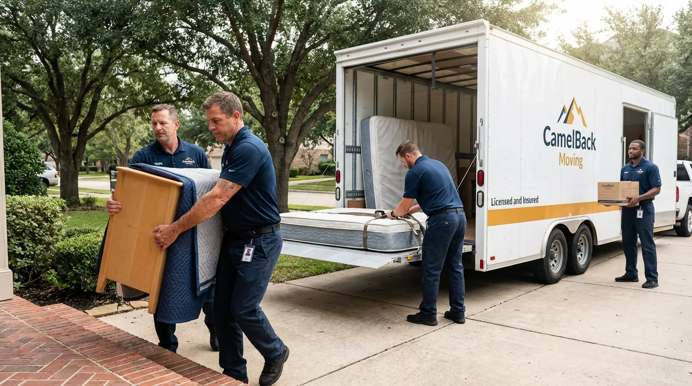 Crew loading residential truck for cross-state move from Jefferson, NC