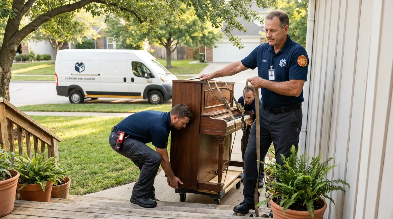 Licensed piano movers securing grand piano in Jefferson, NC