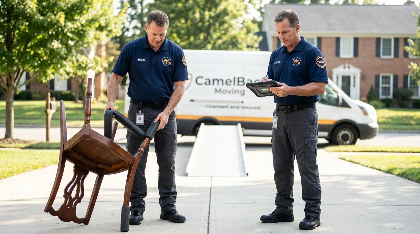 Movers inspecting furniture for damage prevention before loading in Jefferson, NC