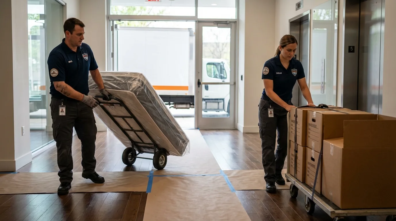 Professional apartment movers loading elevator in Jefferson, NC