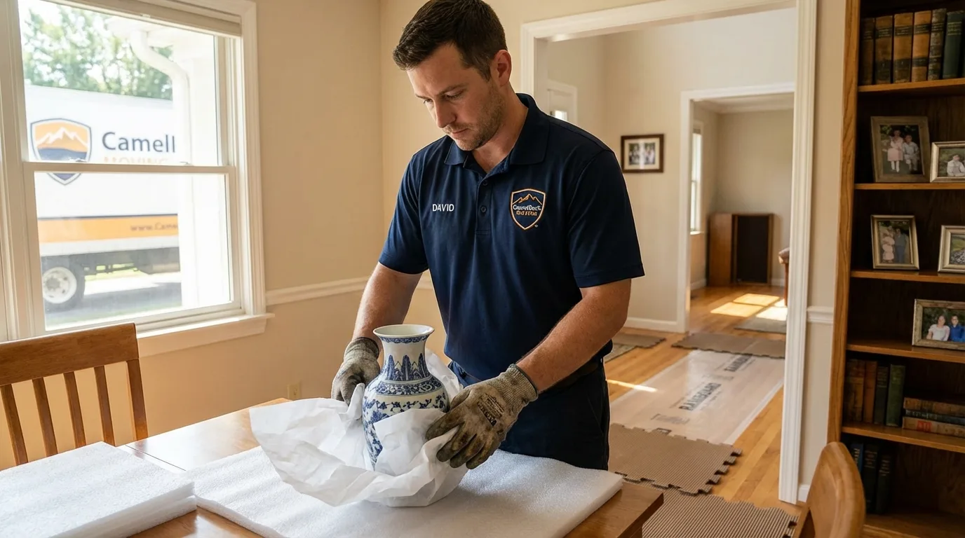 Professional crew carefully wrapping antique vase for senior downsizing move in Jefferson, NC